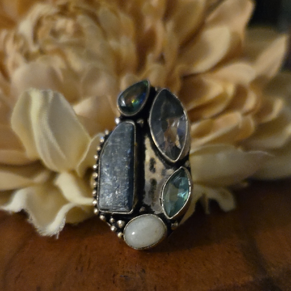 Moonstone Kyanite Synthetic Amethyst Topaz 925 Sterling Overlay Ring Size 8 NWT